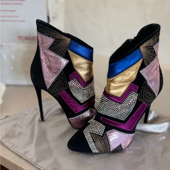 Giuseppe Zanotti Black and Multicolor Geometric Heeled Boots - Picture 7 of 7